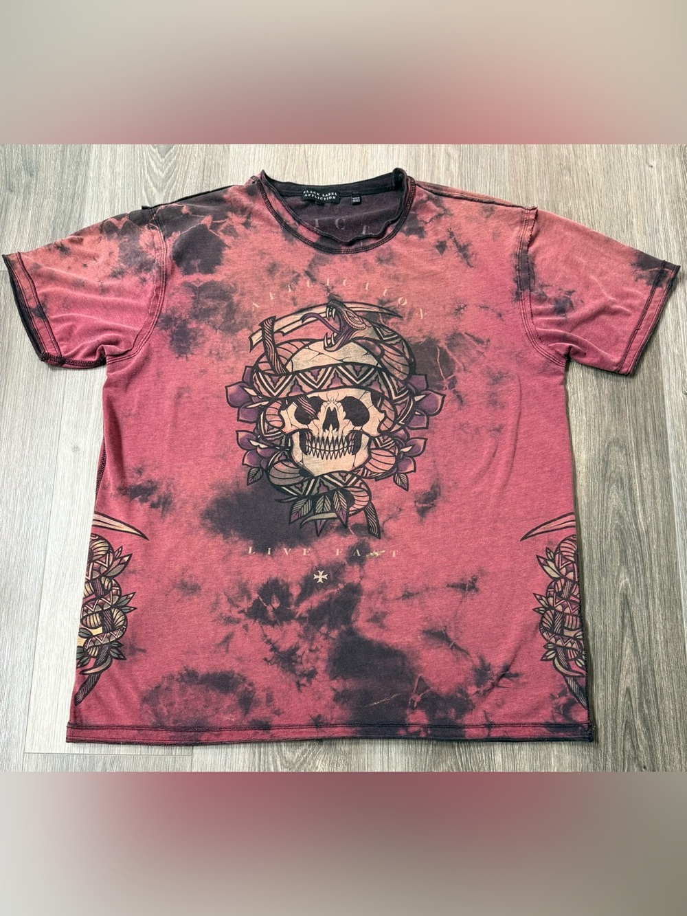 Affliction Black Label Mens Tie Dye Graphic T-Shirt Skull Snake Red Black